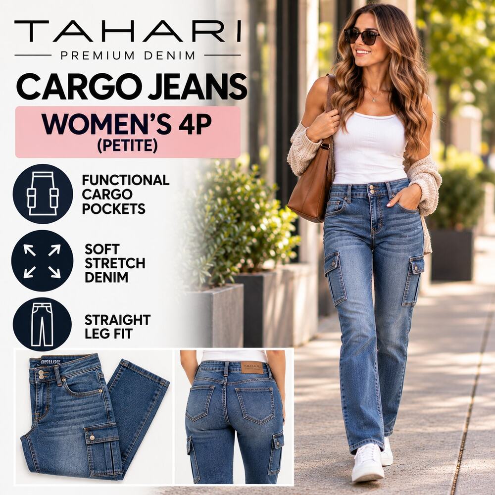 ium Denim Cargo Jeans Women's 4P Petite Medium Wash Stretch